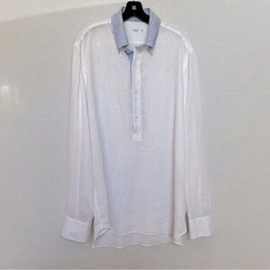 Giampaolo Washed White Loose Linen Shirt with Blue Striped Collar/Cuffs. Size 42